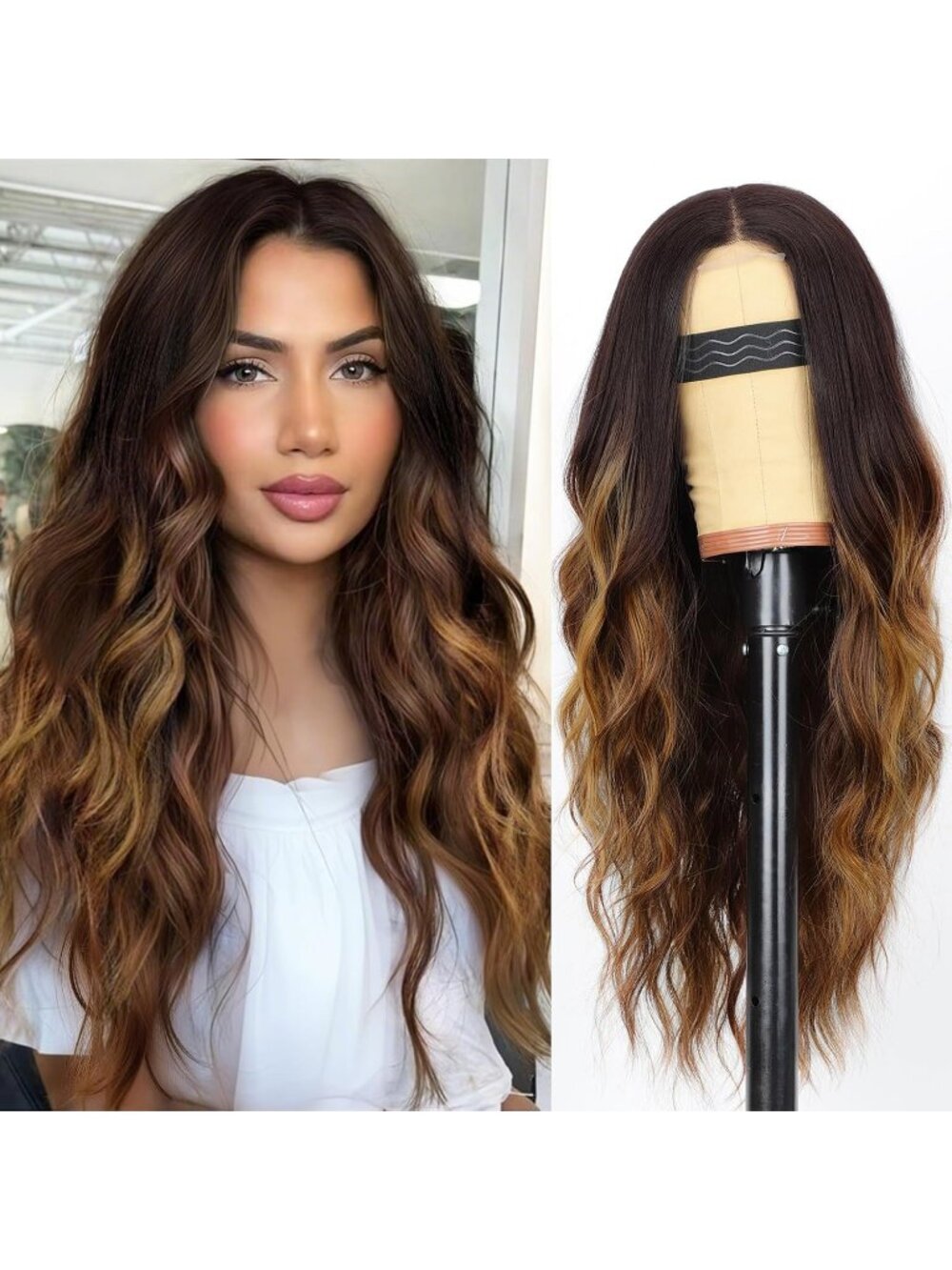 🆕Women Brown Highlight Lace Hairline 26 Inch Synthetic Heat Resistant Wavy Wigs
